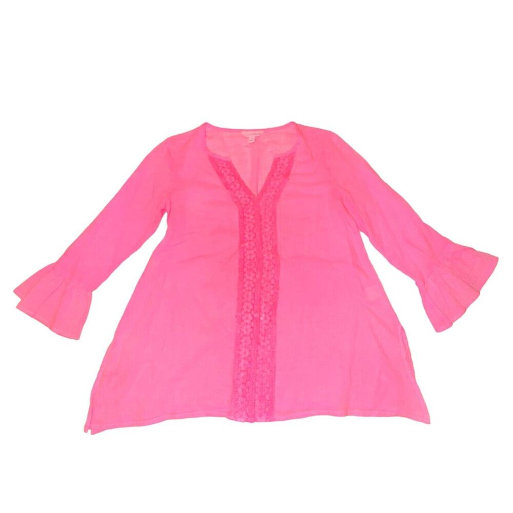 Lilly Pulitzer Luci Tunic Women's XS Pink 3/4 Bell Sleeve V Neck Crochet Sheer